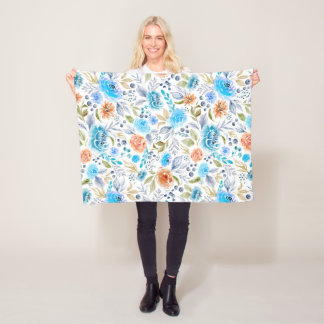 Velo Cobertor de Fleece com Buquê Floral em Aquarela