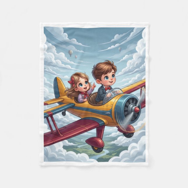 Velo Cobertor de Fleece com Crianças Voando Avião de Br (Frente)