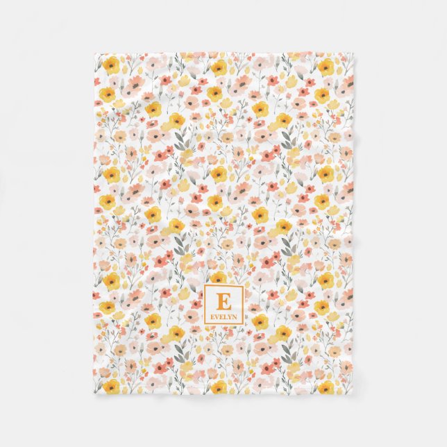 Velo Cobertor de Fleece com Monograma Floral de Flor Si (Frente)