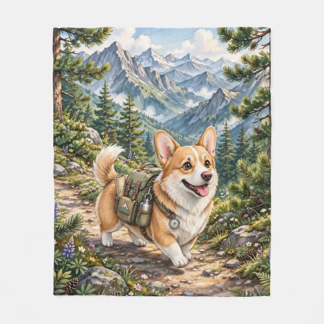 Velo Cobertor de Fleece de Corgi Hiking nas Montanhas e (Frente)