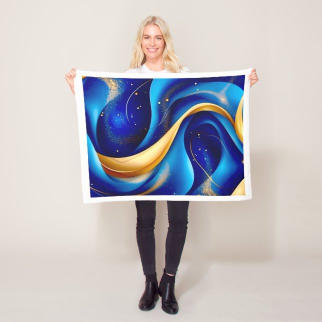 Velo Cobertor de Fleece de Onda Abstrata Azul e Dourado (In Situ)