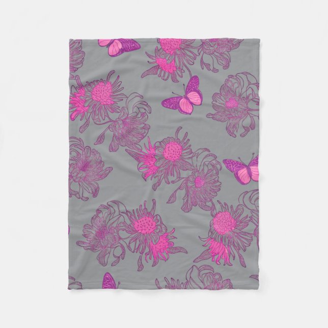 Velo Cobertor de Fleece Floral Borboleta Rosa Cinza Cla (Frente)