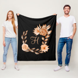 Velo Cobertor de Fleece Floral Preto e Pêssego Monogram