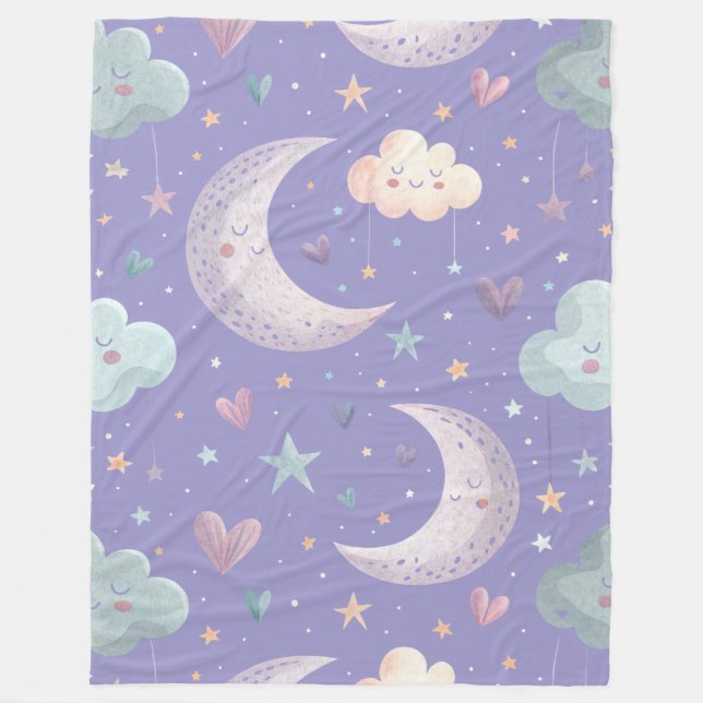 Velo Cobertor de Fleece Grande Roxo Lua e Nuvens (60"x8 (Frente)