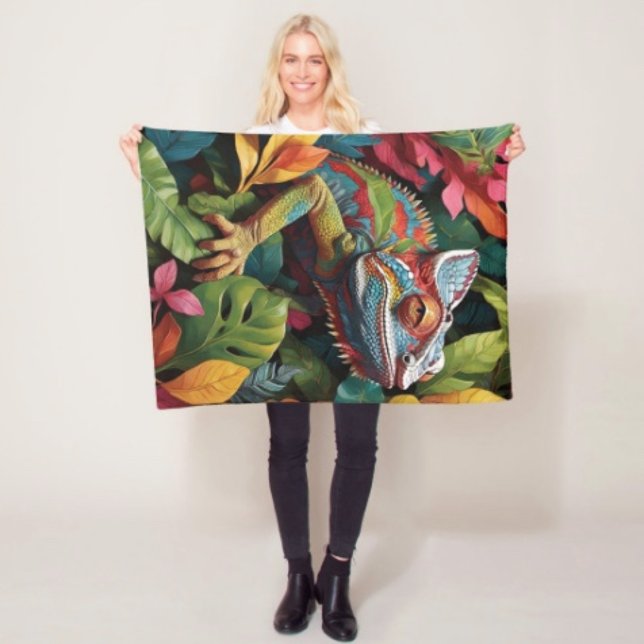 Velo Cobertor de Fleece Lizard Leaves & Colour (Colourful Lizard Tropical Jungle Art blanket - soft and colourful available  in 3 different sizes.)