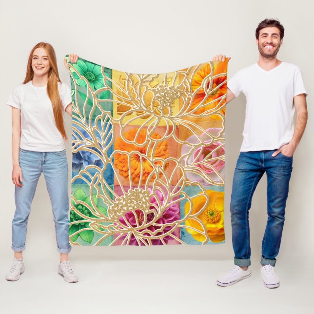 Velo Cobertor de Fleece Mosaico Floral Dourado (In Situ)