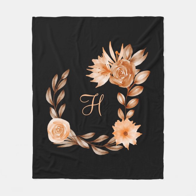 Velo Cobertor de Fleece Preto Marrom e Pêssego Monogram (Frente)