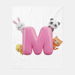 Velo Cobertor de Fleece Rosa com Letra M em 3D e Animai
