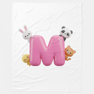 Velo Cobertor de Fleece Rosa com Letra M em 3D e Animai
