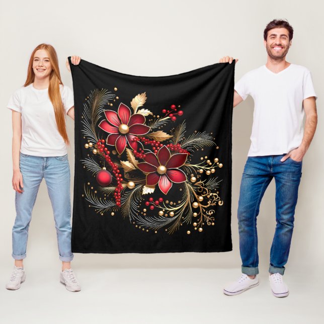 Velo Cobertor de Fleece Vermelho Decorativo com Flores  (In Situ)