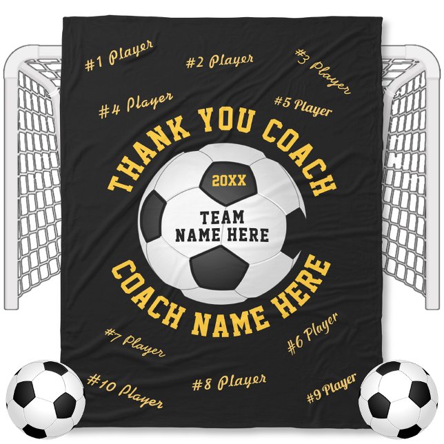 Velo Cobertor de Futebol Presente no Treinador de Futeb (Black and Gold, Personalized, Gifts for Soccer Coaches. Soccer Coach gifts with all Players Names.)
