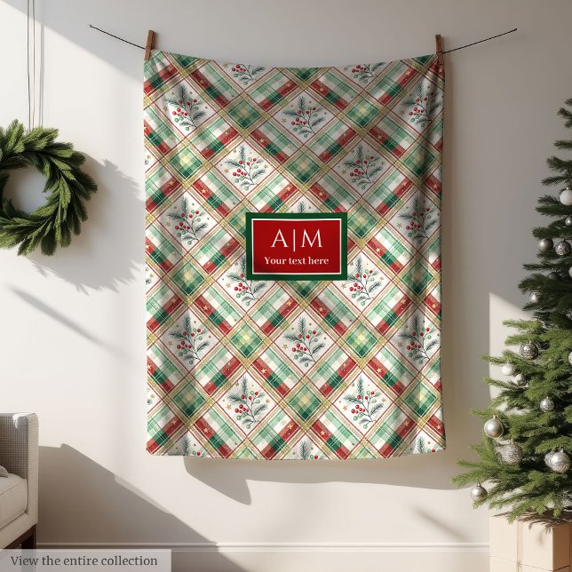 Velo Cobertor de presente xadrez personalizado em aquar (Custom green and red watercolor tartan gift throw Fleece Blanket)