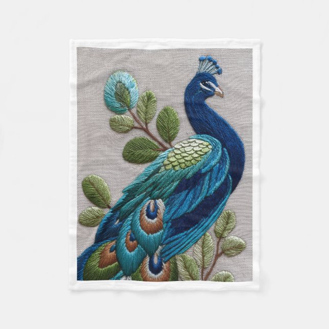 Velo Cobertor Fleece com Estilo Bordado de Pavão e Folh (Frente)