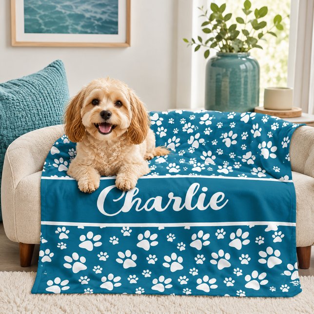 Velo Cobertor Personalizado de Cachorro com Pegada de P (teal dog blanket personalized)