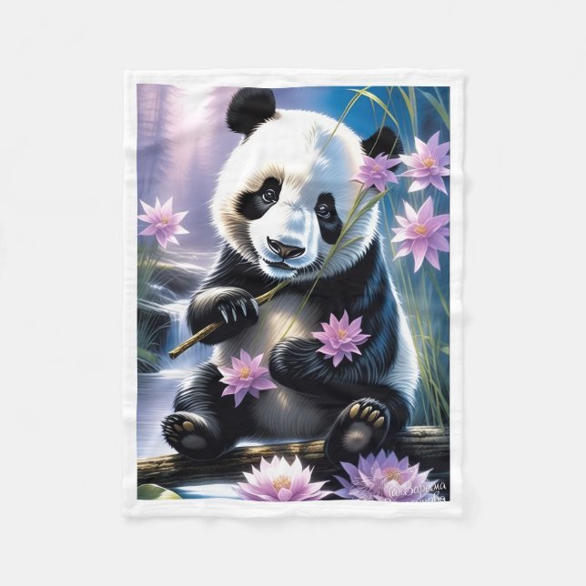 Velo Lindo Panda com Cobertor de Flores de Lótus Rosa (Frente)