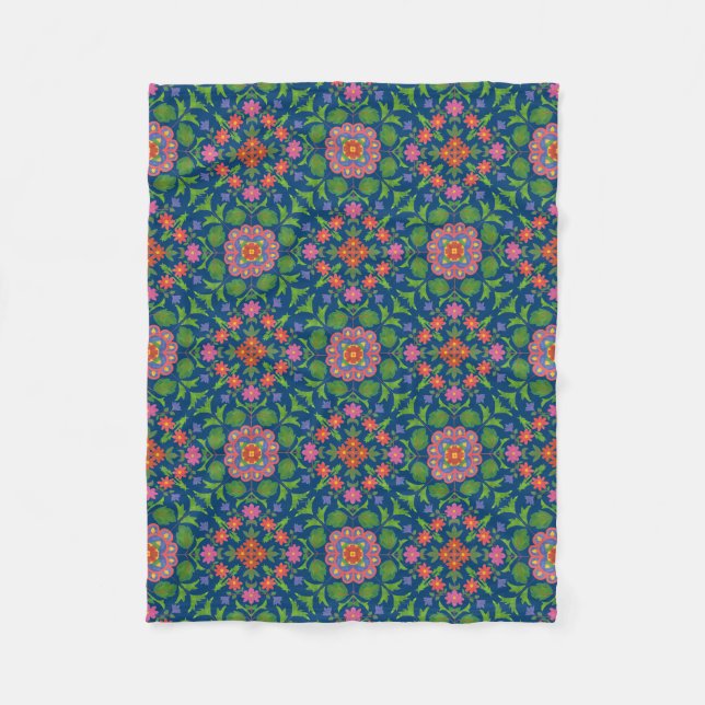 Velo Lindo Rangoli Floral em Cobertor de Fleece Azul Es (Frente)