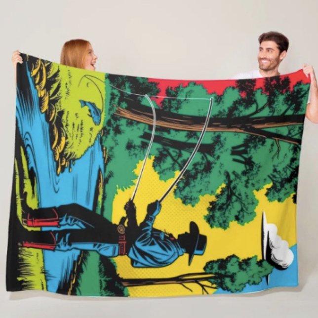 Velo Pescador Caubói na Margem do Rio Cobertor de Fleec (Retro Cowboy Fishing Riverside Scene blanket - soft and colourful available  in 3 different sizes. )