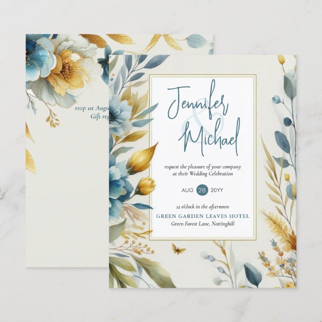 VENDA! Convites De Casamento Floral Amarelo Teal (Frente/Verso)