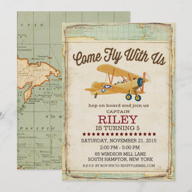 Venha Voar Aniversário Avião Viagem Convite (Frente/Verso)