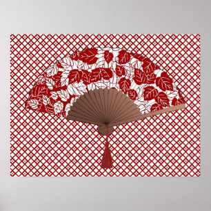Ventilador Japonês em Impressão Folha, Vermelho