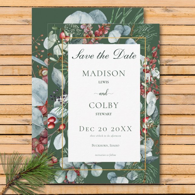 Verdade do Natal de inverno Salve o Cartão de Data (Winter Christmas Greenery Green Save the Date Card)