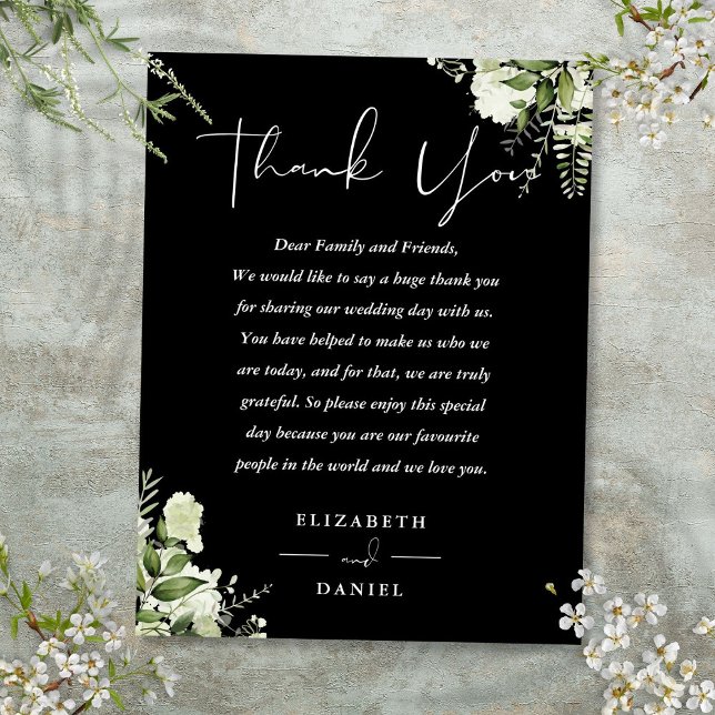 Verde Branco Negro Obrigado Cartão de Casamento (Black White Greenery Thank You Wedding Place Card)