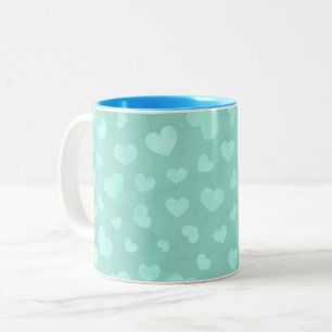 Verde com corações brancos e caneca interior azul-