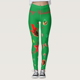 Verde com Enfeites de natal vermelhos Leggings