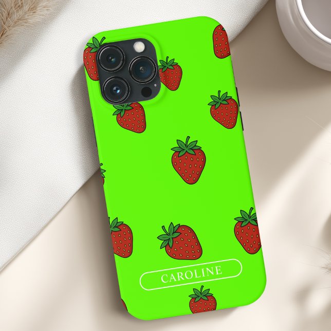 Verde de Morango Personalizado (Custom Strawberry Case-Mate Green iPhone Case with your Name or Text)