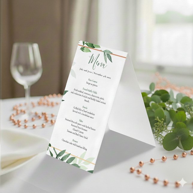 Verde deixa recepção de casamento mesa (Green leafy and copper wedding menu.)