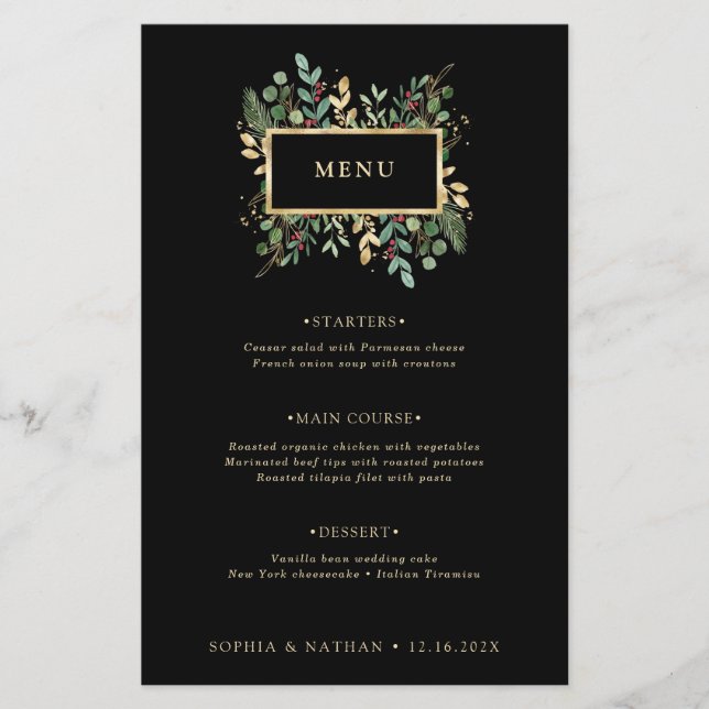 Verde dourado em preto | Menu Casamento de Natal (Frente)