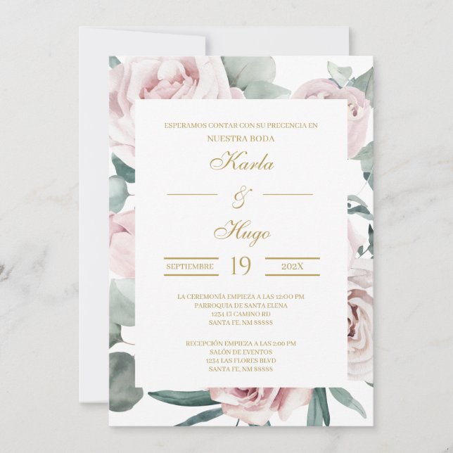Verde e Convite Dourado para Casamento Espanhol (Frente)