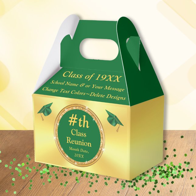 Verde e Dourado, Nomes de Reunião, Caixas (Class Reunion Candy Bags. Green and Gold, Class Reunion Candy Favors, box. High School Reunion.  )