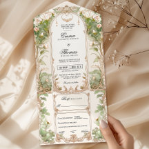 Verde Floral Branco Tudo em Um Convite de casament