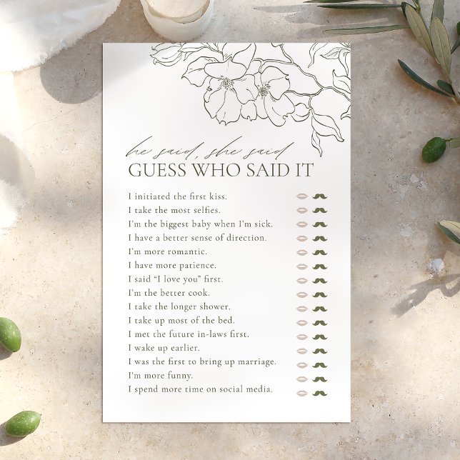 Verde floral Ele disse que ela disse jogo de chá d (Green floral He said She said bridal shower game)