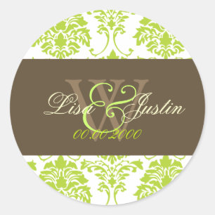 Verde limão Damask monograma adesivos de casamento