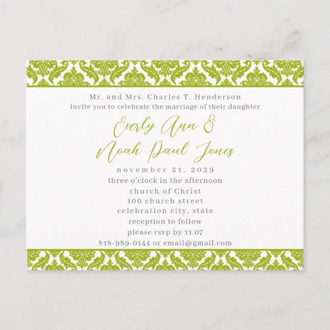 Verde limão Damask no Convite para Casamento Branc (Frente)