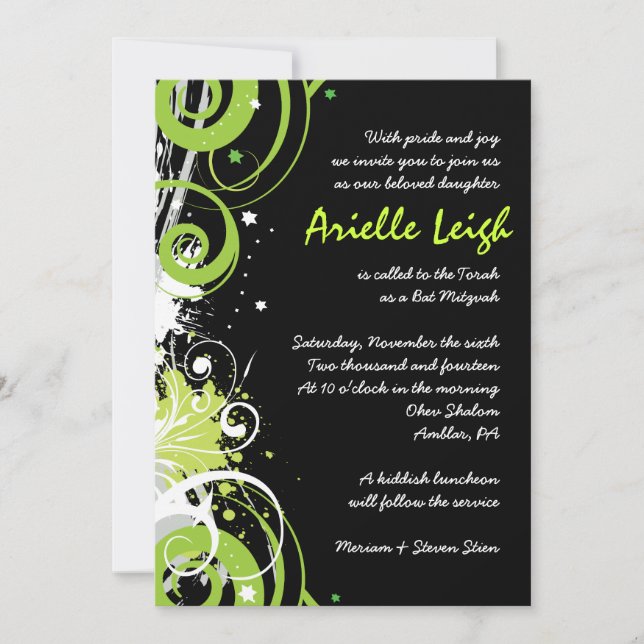 VERDE LIMÃO SWIRLS & STARS Bat Mitzvah Convite (Frente)