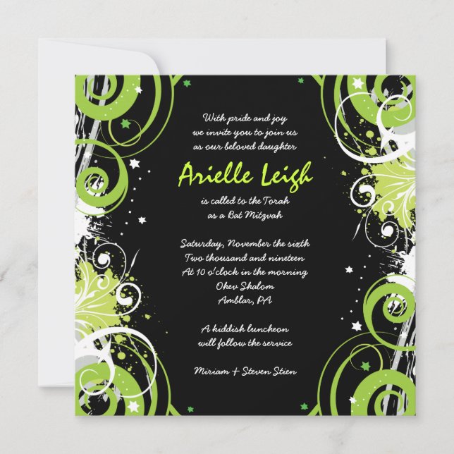 VERDE LIMÃO SWIRLS & STARS Bat Mitzvah Convite (Frente)