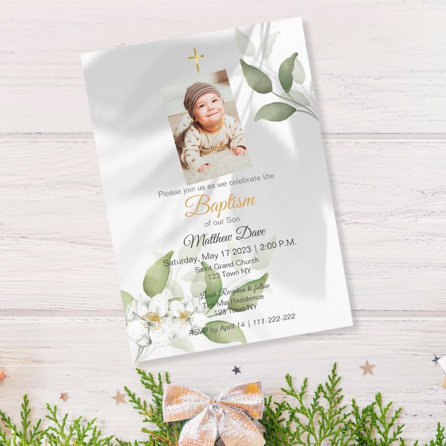 Verde simples deixa convite para batismo (Simple Green Leaves Baptism Invite)