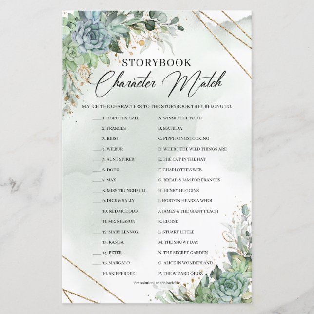 Verde suculenta flores Storybook Character Match (Frente)