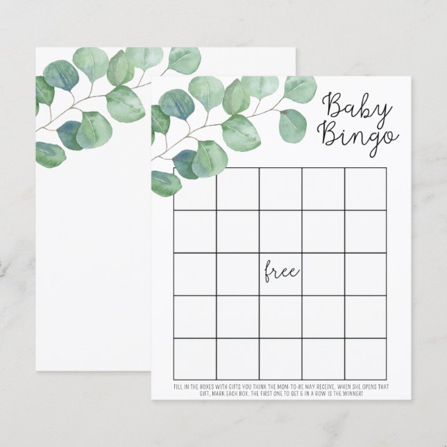 Verdura Eucalipto - Jogo de bingo para chá de bebê (Frente/Verso)