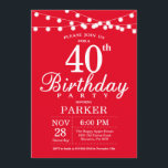 Vermelho aniversário de 40 anos de Convite<br><div class="desc">aniversário de 40 anos com luzes de cordas. Fundo Vermelho. 13 15 16º 18º 20 21 rua 30 40º 50º 80 de 60º 70 de 100º,  qualquer idade. Para mais personalização,  clique no botão "Personalizar" e use a ferramenta design para modificar este modelo.</div>