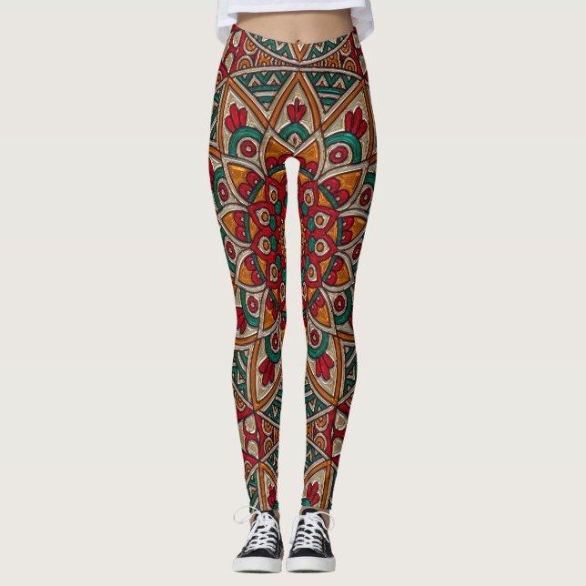 Vermelho bonito da mandala, cerceta, Legging (Frente)