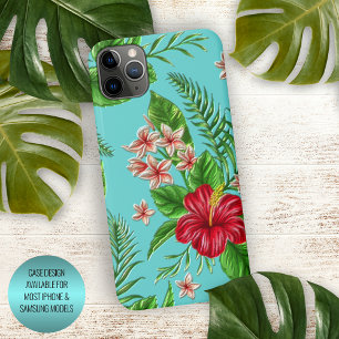 Vermelho Coral Rosa Floral em Turquesa Azul Água