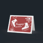 Vermelho do cartão de Natal do negócio dos skates<br><div class="desc">Um cartão de Natal que caracteriza um par de skates de gelo com os grampos de papel como as lâminas.  O texto diz,  "boas festas",  o esquema de cores é escuro - vermelho e branco.</div>