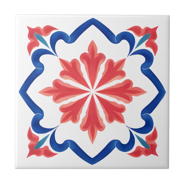 Vermelho e Azul, Iznik Floral Azulejo Art (Frente)