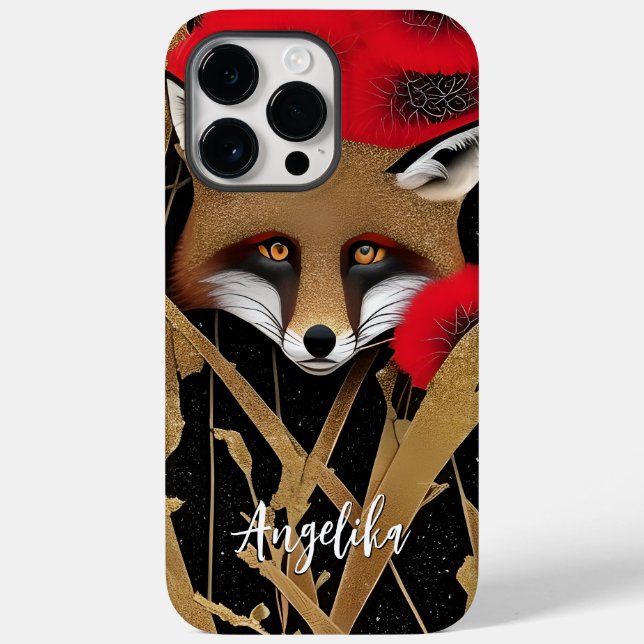 Vermelho Elegante e Fox Abstrato Dourada com Nome  (Verso)