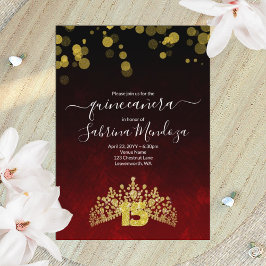 Vermelho Escuro, Dourado Convite Tiara Quinceanera