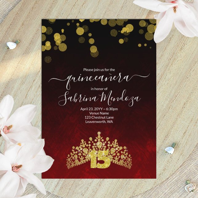 Vermelho Escuro, Dourado Convite Tiara Quinceanera (elegant ruby red quinceanera invitation with gold rhinestone tiara, gold glitter number 15)